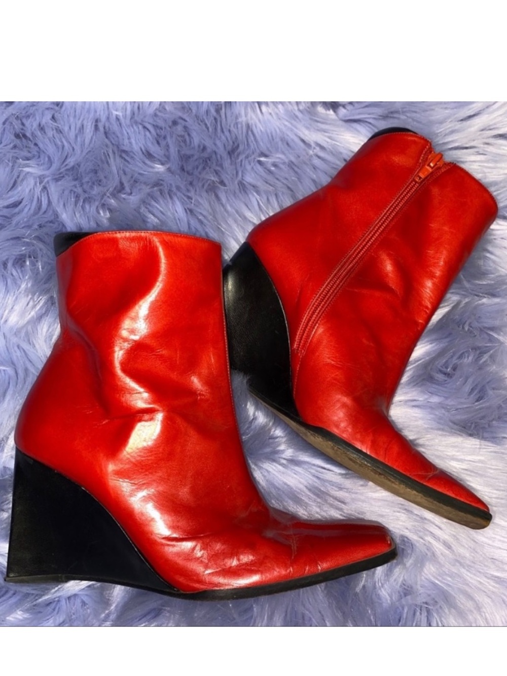 Y2K Ruby Red Square Toe Retro Funky Wedge Block Heel Ankle Boots Size 7